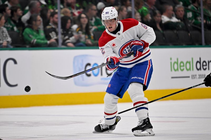 Jan 16, 2025; Dallas, Texas, USA; Montreal Canadiens left wing Patrik Laine (92) skates against the Dallas Stars during the first period at the American Airlines Center. Mandatory Credit: Jerome Miron-Imagn Images
