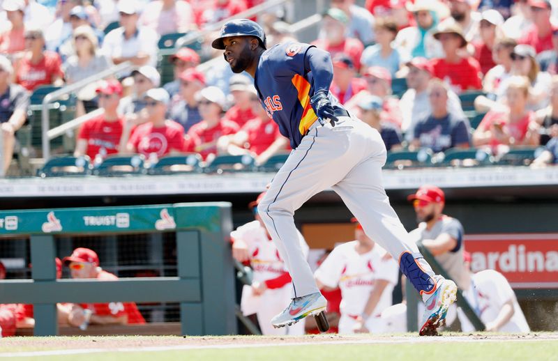 Mar 21, 2024; Jupiter, Florida, USA; Houston Astros designated hitter Yordan Alvarez (44) singles against the St. Louis Cardinals in the first inning at Roger Dean Chevrolet Stadium. Mandatory Credit: Rhona Wise-USA TODAY Sports