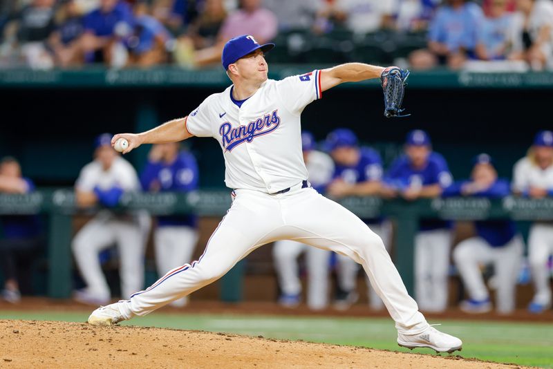 Jul 23, 2024; Arlington, Texas, USA; Texas Rangers pitcher Josh Sborz (66) throws during the ninth inning against the Chicago White Sox at Globe Life Field. Mandatory Credit: Andrew Dieb-USA TODAY Sports