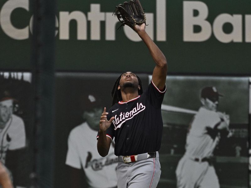 Jul 26, 2024; St. Louis, Missouri, USA; Washington Nationals right fielder James Wood (29) makes a catch against the St. Louis Cardinals during the first inning at Busch Stadium. Mandatory Credit: Jeff Le-USA TODAY Sports