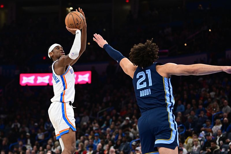 OKLAHOMA CITY, OKLAHOMA - DECEMBER 18: Shai Gilgeous-Alexander #2 of the Oklahoma City Thunder puts up a shot during the second half against the Memphis Grizzlies at Paycom Center on December 18, 2023 in Oklahoma City, Oklahoma. NOTE TO USER: User expressly acknowledges and agrees that, by downloading and or using this Photograph, user is consenting to the terms and conditions of the Getty Images License Agreement. (Photo by Joshua Gateley/Getty Images)