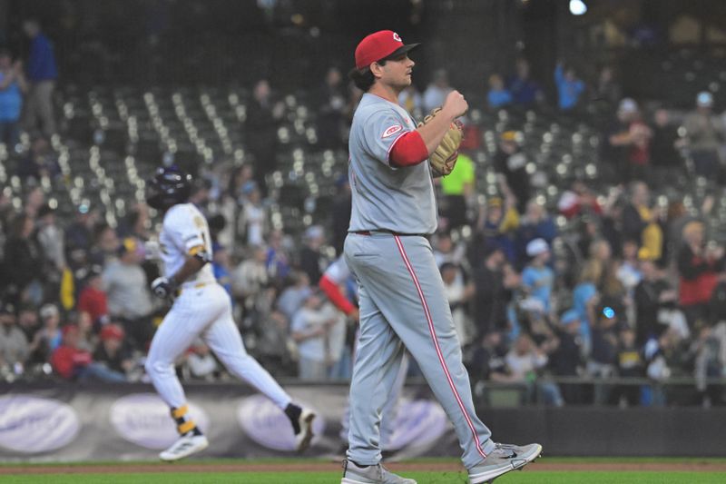 Apr 6, 2025; Milwaukee, Wisconsin, USA; Cincinnati Reds pitcher Ian Gibaut (79) looks on after giving up a solo home run to Milwaukee Brewers left fielder Jackson Chourio (11) in the seventh inning at American Family Field. Mandatory Credit: Benny Sieu-Imagn Images