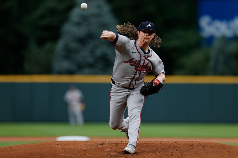 Aug 9, 2024; Denver, Colorado, USA; Atlanta Braves starting pitcher Grant Holmes (66) pitches in the first inning against the Colorado Rockies at Coors Field. Mandatory Credit: Isaiah J. Downing-USA TODAY Sports