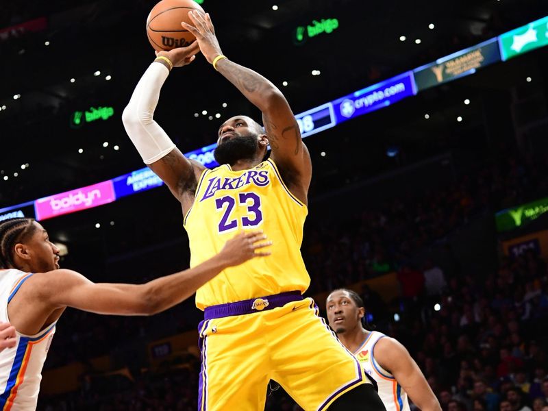 LOS ANGELES, CA - MARCH 4: LeBron James #23 of the Los Angeles Lakers shoots the ball during the game against the Oklahoma City Thunder on March 4, 2024 at Crypto.Com Arena in Los Angeles, California. NOTE TO USER: User expressly acknowledges and agrees that, by downloading and/or using this Photograph, user is consenting to the terms and conditions of the Getty Images License Agreement. Mandatory Copyright Notice: Copyright 2024 NBAE (Photo by Adam Pantozzi/NBAE via Getty Images)