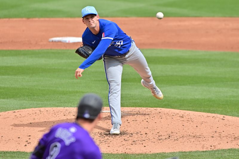 Mar 12, 2024; Salt River Pima-Maricopa, Arizona, USA;  Kansas City Royals pitcher Cole Ragans (55) throws in the second inning against the Colorado Rockies during a spring training game at Salt River Fields at Talking Stick. Mandatory Credit: Matt Kartozian-USA TODAY Sports