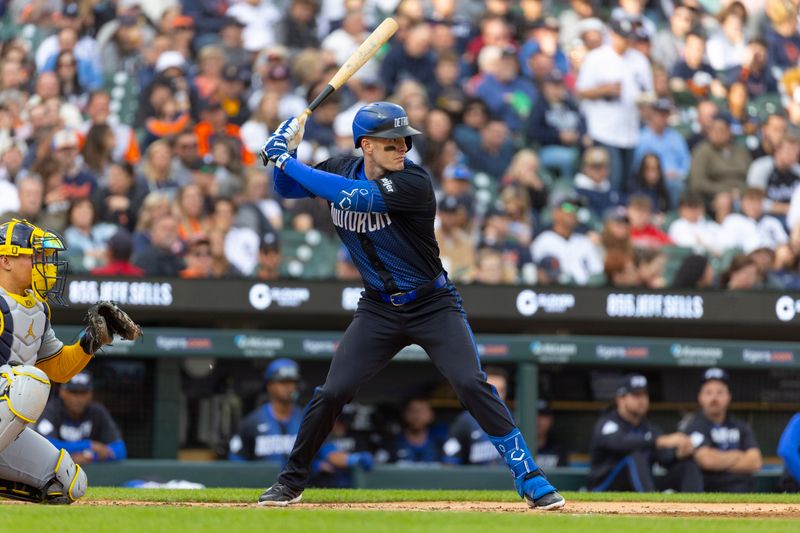 Jun 7, 2024; Detroit, Michigan, USA; Detroit Tigers outfielder Mark Canha (21) looks on during an at bat in the second inning of the game against the Milwaukee Brewers at Comerica Park. Mandatory Credit: Brian Bradshaw Sevald-USA TODAY Sports