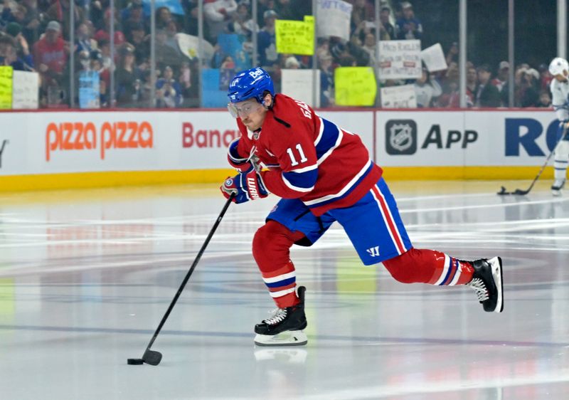 Mar 9, 2024; Montreal, Quebec, CAN; Montreal Canadiens forward Brendan Gallagher (11) skates during the warm up period before the game against the Toronto Maple Leafs at the Bell Centre. Mandatory Credit: Eric Bolte-USA TODAY Sports