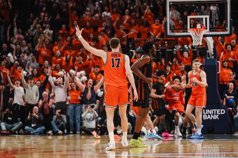 Feb 21, 2026; Charlottesville, Virginia, USA; Virginia Cavaliers center Johann Grünloh (17) reacts after making a basket during the first half against the Miami (FL) Hurricanes at John Paul Jones Arena. Mandatory Credit: Emily Faith Morgan-Imagn Images