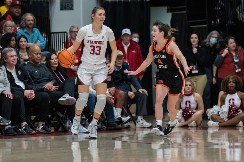 Jan 27, 2023; Stanford, California, USA; Stanford Cardinal guard Hannah Jump (33) dribbles the basketball against Oregon State Beavers guard Noelle Mannen (4) during the fourth quarter at Maples Pavilion. Mandatory Credit: Neville E. Guard-USA TODAY Sports