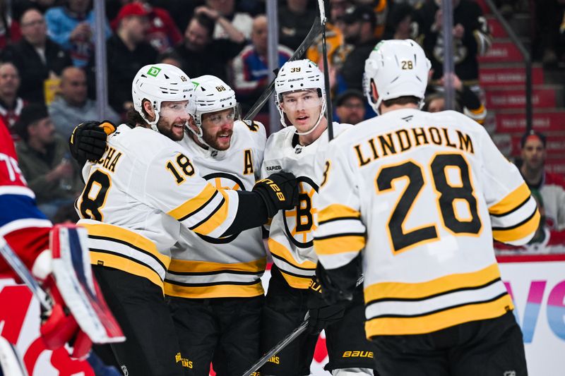 Mar 17, 2026; Montreal, Quebec, CAN; Boston Bruins center Pavel Zacha (18) celebrates with his teammates his goal against the Montreal Canadiens during the first period at Bell Centre. Mandatory Credit: David Kirouac-Imagn Images