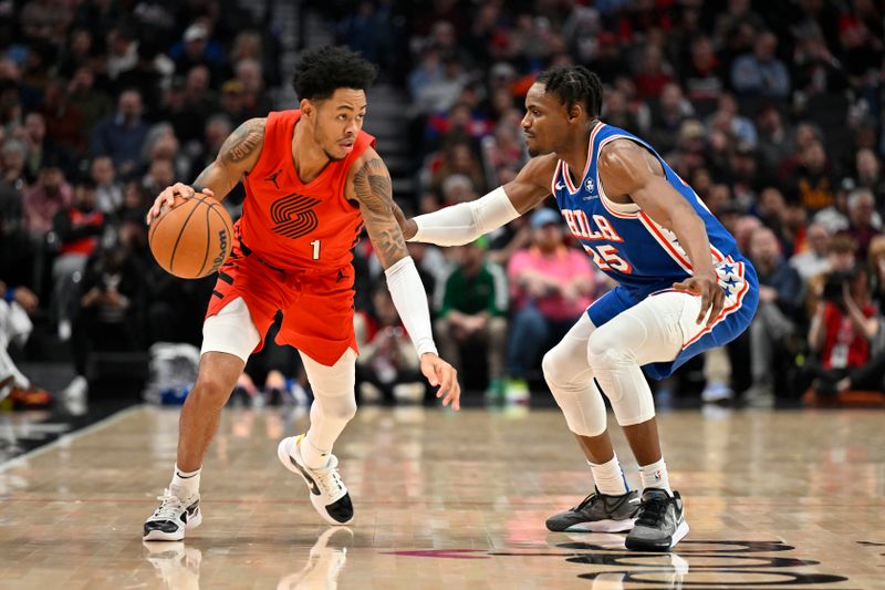 PORTLAND, OREGON - JANUARY 29: Anfernee Simons #1 of the Portland Trail Blazers dribbles against Danuel House Jr. #25 of the Philadelphia 76ers during the second quarter at the Moda Center on January 29, 2024 in Portland, Oregon. NOTE TO USER: User expressly acknowledges and agrees that, by downloading and or using this photograph, User is consenting to the terms and conditions of the Getty Images License Agreement. (Photo by Alika Jenner/Getty Images)