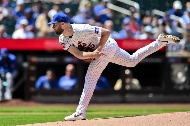 May 2, 2024; New York City, New York, USA; New York Mets pitcher Adrian Houser (35) pitches against the Chicago Cubs during the first inning at Citi Field. Mandatory Credit: John Jones-USA TODAY Sports