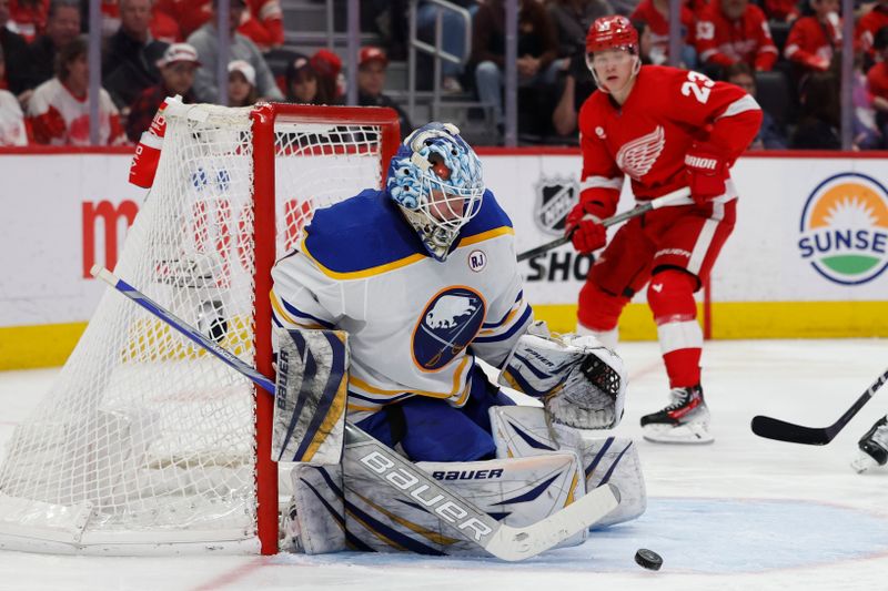 Apr 7, 2024; Detroit, Michigan, USA; Buffalo Sabres goaltender Ukko-Pekka Luukkonen (1) makes a save in the second period against the Detroit Red Wings at Little Caesars Arena. Mandatory Credit: Rick Osentoski-USA TODAY Sports