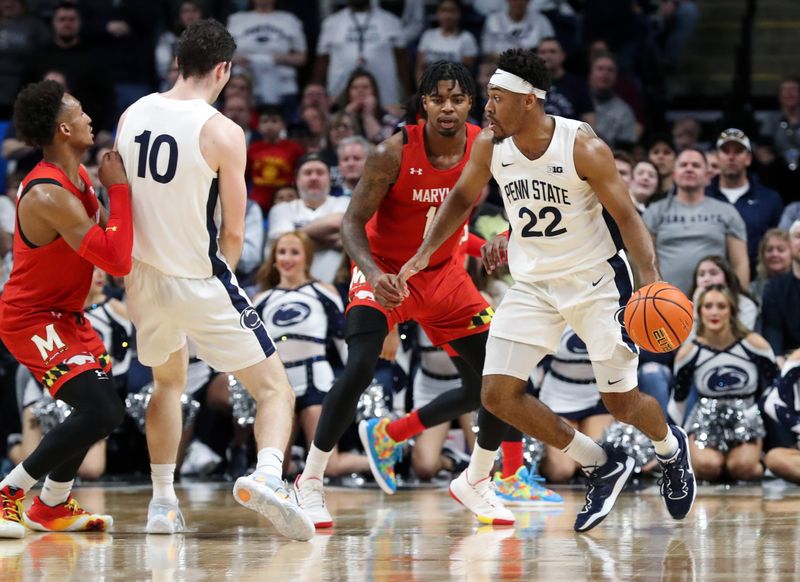 Mar 5, 2023; University Park, Pennsylvania, USA; Penn State Nittany Lions guard Jalen Pickett (22) dribbles the ball during the second half against the Maryland Terrapins at Bryce Jordan Center. Mandatory Credit: Matthew OHaren-USA TODAY Sports