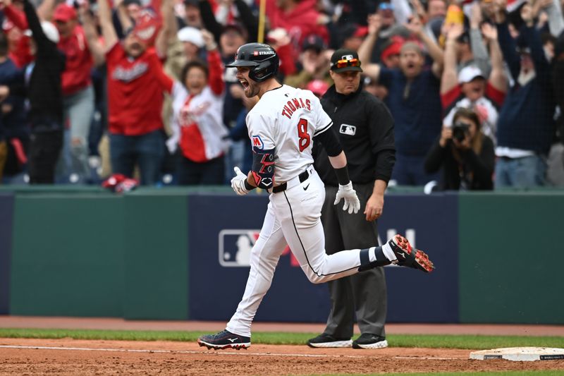 Oct 12, 2024; Cleveland, Ohio, USA; Cleveland Guardians outfielder Lane Thomas (8) runs the bases after hitting a grand slam in the fifth inning against the Detroit Tigers during game five of the ALDS for the 2024 MLB Playoffs at Progressive Field. Mandatory Credit: Ken Blaze-Imagn Images