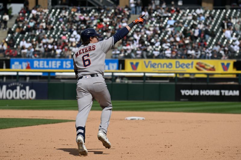 May 3, 2025; Chicago, Illinois, USA;  Houston Astros outfielder Jake Meyers (6) points after he hits a three run home run against the Chicago White Sox during the sixth inning at Rate Field. Mandatory Credit: Matt Marton-Imagn Images