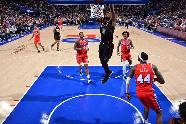 PHILADELPHIA, PA - DECEMBER 15: James Wiseman #13 of the Detroit Pistons dunks the ball during the game against the Philadelphia 76ers on December 15, 2023 at the Wells Fargo Center in Philadelphia, Pennsylvania NOTE TO USER: User expressly acknowledges and agrees that, by downloading and/or using this Photograph, user is consenting to the terms and conditions of the Getty Images License Agreement. Mandatory Copyright Notice: Copyright 2023 NBAE (Photo by Jesse D. Garrabrant/NBAE via Getty Images)