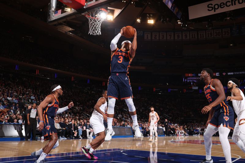 NEW YORK, NY - OCTOBER 28: Josh Hart #3 of the New York Knicks goes up for the rebound during the game against the Cleveland Cavaliers on October 28, 2024 at Madison Square Garden in New York City, New York.  NOTE TO USER: User expressly acknowledges and agrees that, by downloading and or using this photograph, User is consenting to the terms and conditions of the Getty Images License Agreement. Mandatory Copyright Notice: Copyright 2024 NBAE  (Photo by Nathaniel S. Butler/NBAE via Getty Images)