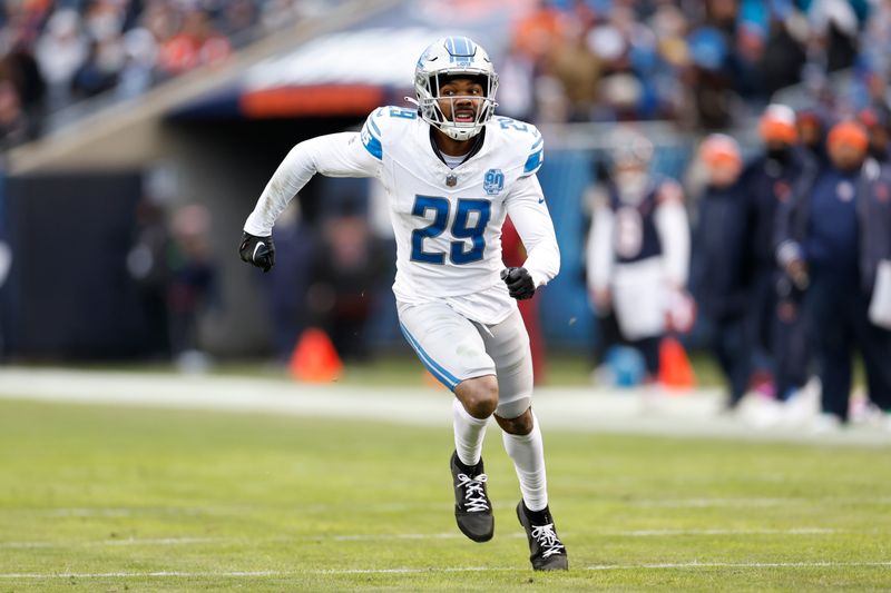 Detroit Lions cornerback Kindle Vildor (29) runs on the field during the second half of an NFL football game against the Chicago Bears, Sunday, Dec. 10, 2023, in Chicago. (AP Photo/Kamil Krzaczynski)