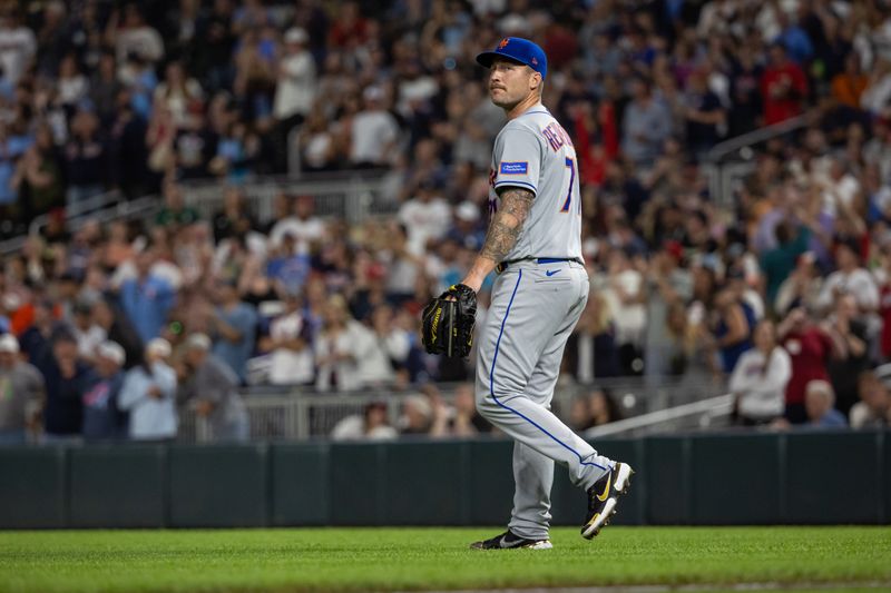 Sep 8, 2023; Minneapolis, Minnesota, USA; New York Mets relief pitcher Sean Reid-Foley (71) looks on during the seventh inning against the Minnesota Twins at Target Field. Mandatory Credit: Jordan Johnson-USA TODAY Sports