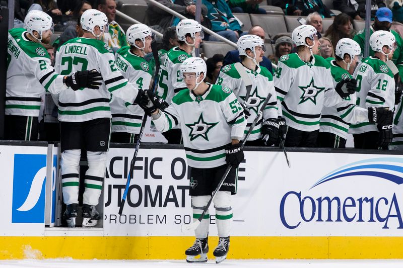 Mar 5, 2024; San Jose, California, USA; Dallas Stars center Wyatt Johnston (53) celebrates with the bench after he scored against the San Jose Sharks during the second period at SAP Center at San Jose. Mandatory Credit: John Hefti-USA TODAY Sports