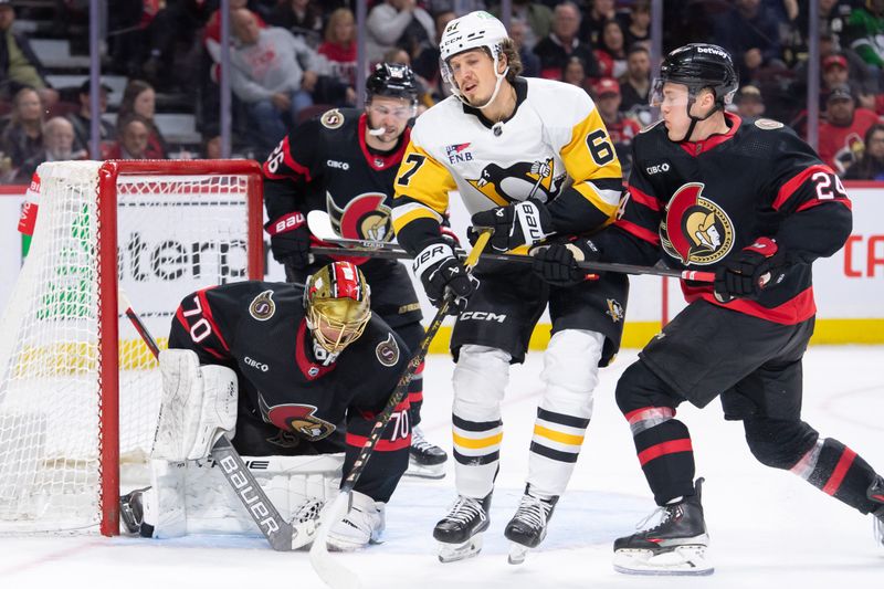 Mar 12, 2024; Ottawa, Ontario, CAN; Ottawa Senators goalie Joonas Korpisalo (70) makes a save in front of Pittsburgh Penguins right wing Rickard Rakell (67) in the second period at the Canadian Tire Centre. Mandatory Credit: Marc DesRosiers-USA TODAY Sports