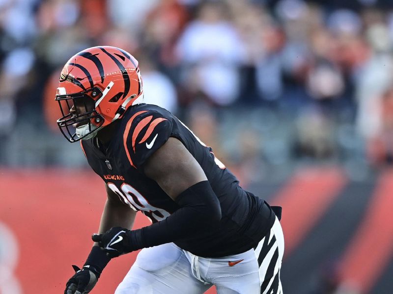 Cincinnati Bengals defensive end Myles Murphy (99) runs for the play during an NFL football game against the Houston Texans on Sunday, Nov. 12, 2023, in Cincinnati. (AP Photo/Emilee Chinn)