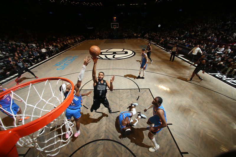 BROOKLYN, NY - JANUARY 5: Mikal Bridges #1 of the Brooklyn Nets goes to the basket during the game on January 5, 2024 at Barclays Center in Brooklyn, New York. NOTE TO USER: User expressly acknowledges and agrees that, by downloading and or using this Photograph, user is consenting to the terms and conditions of the Getty Images License Agreement. Mandatory Copyright Notice: Copyright 2024 NBAE (Photo by Nathaniel S. Butler/NBAE via Getty Images)