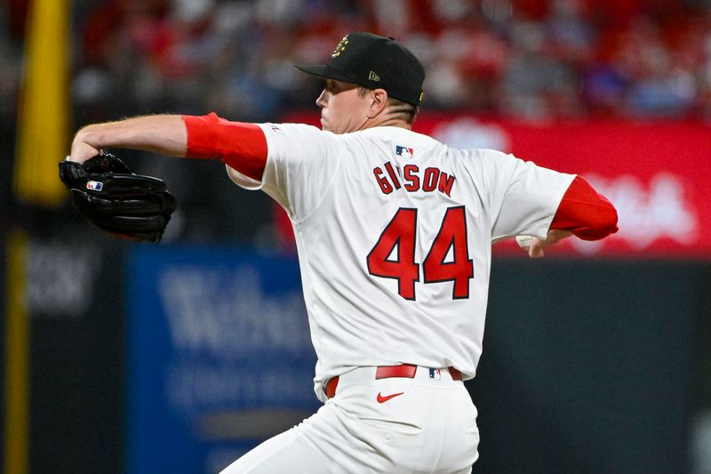 May 17, 2024; St. Louis, Missouri, USA;  St. Louis Cardinals starting pitcher Kyle Gibson (44) pitches against the Boston Red Sox during the sixth inning at Busch Stadium. Mandatory Credit: Jeff Curry-USA TODAY Sports