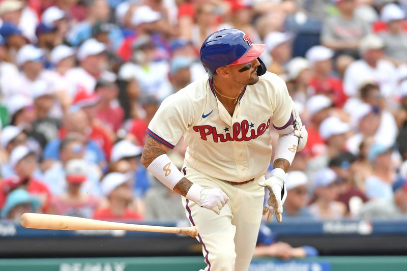 Jun 11, 2023; Philadelphia, Pennsylvania, USA; Philadelphia Phillies right fielder Nick Castellanos (8) hits a two run home run against the Los Angeles Dodgers during the seventh inning at Citizens Bank Park. Mandatory Credit: Eric Hartline-USA TODAY Sports