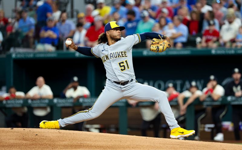 Aug 19, 2023; Arlington, Texas, USA;  Milwaukee Brewers starting pitcher Freddy Peralta (51) throws during the first inning against the Texas Rangers at Globe Life Field. Mandatory Credit: Kevin Jairaj-USA TODAY Sports