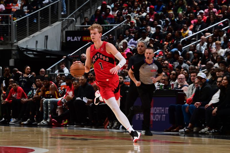 ATLANTA, GA - February 23:  Gradey Dick #1 of the Toronto Raptors handles the ball during the game against the Atlanta Hawks on February 23, 2024 at State Farm Arena in Atlanta, Georgia.  NOTE TO USER: User expressly acknowledges and agrees that, by downloading and/or using this Photograph, user is consenting to the terms and conditions of the Getty Images License Agreement. Mandatory Copyright Notice: Copyright 2024 NBAE (Photo by Scott Cunningham/NBAE via Getty Images)