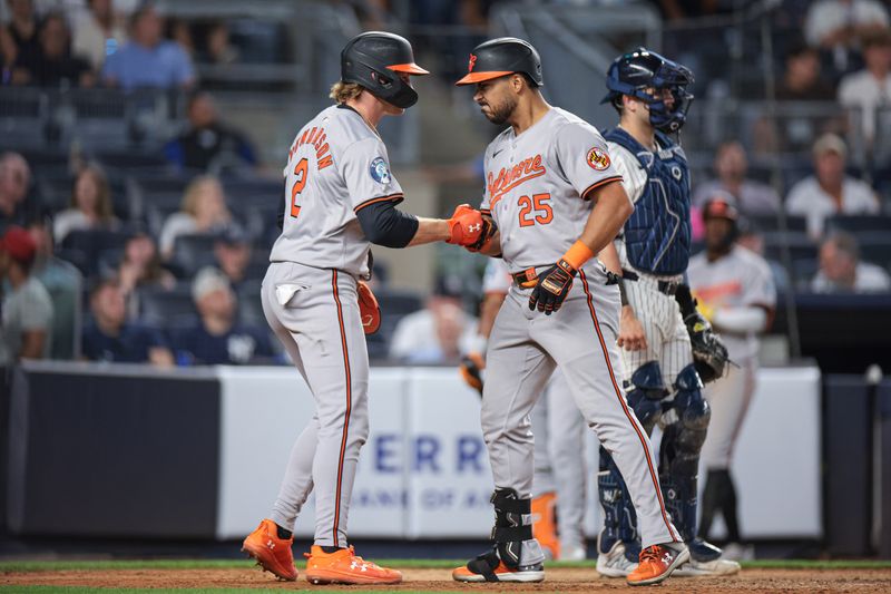 Jun 18, 2024; Bronx, New York, USA; Baltimore Orioles right fielder Anthony Santander (25) celebrates his two run home run with shortstop Gunnar Henderson (2) during the ninth inning against the New York Yankees at Yankee Stadium. Mandatory Credit: Vincent Carchietta-USA TODAY Sports