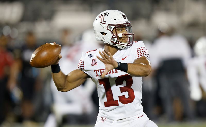 Nov 14, 2020; Orlando, Florida, USA;  Temple Owls quarterback Re-al Mitchell (13) throws a pass during the first quarter against the UCF Knights at the Bounce House. Mandatory Credit: Reinhold Matay-USA TODAY Sports