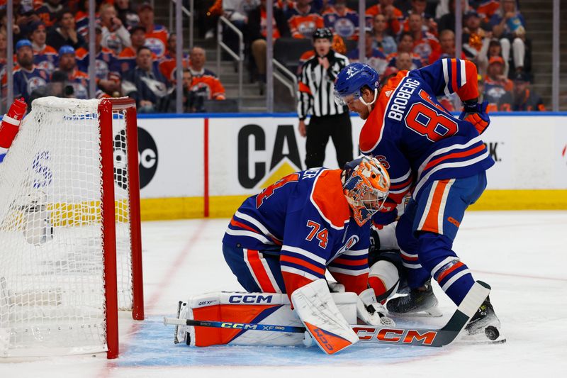 Jun 13, 2024; Edmonton, Alberta, CAN; Edmonton Oilers goaltender Stuart Skinner (74) makes save in the first period against the Florida Panthers n game three of the 2024 Stanley Cup Final at Rogers Place. Mandatory Credit: Perry Nelson-USA TODAY Sports