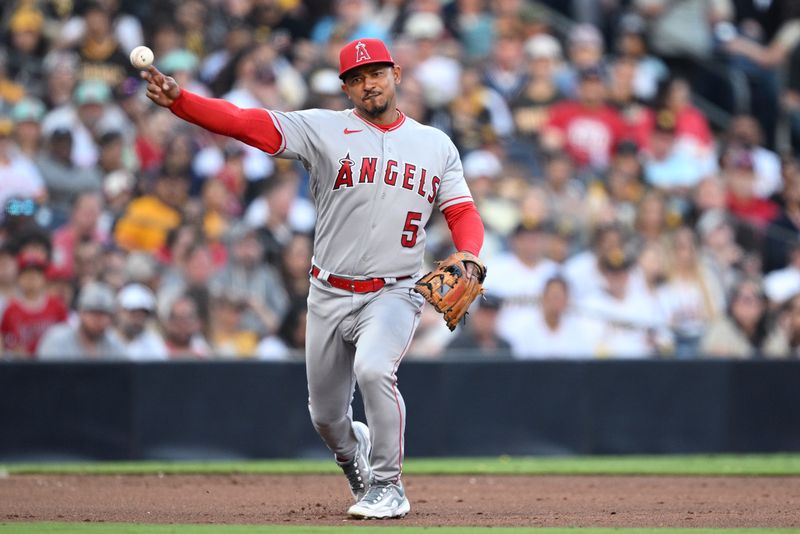 Jul 5, 2023; San Diego, California, USA; Los Angeles Angels third baseman Eduardo Escobar (5) throws to first base on a ground out by San Diego Padres shortstop Ha-seong Kim (not pictured) during the fifth inning at Petco Park. Mandatory Credit: Orlando Ramirez-USA TODAY Sports