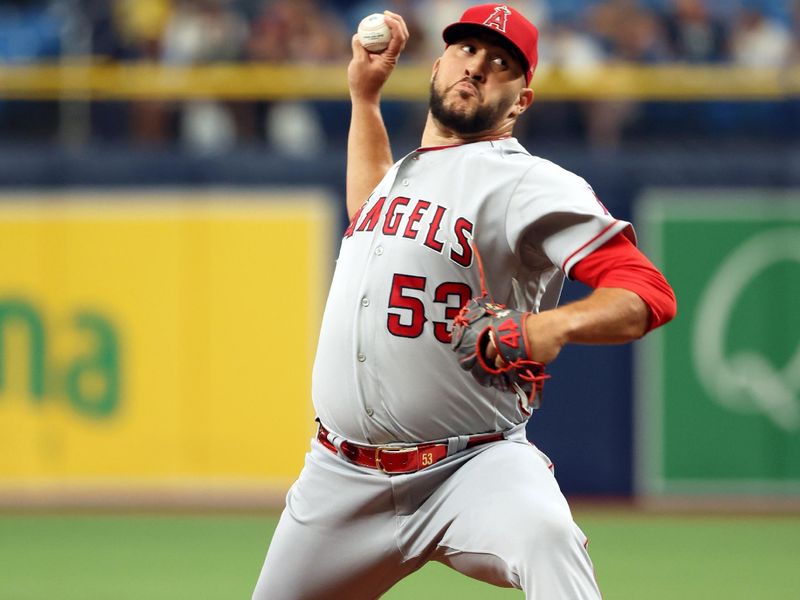 Sep 21, 2023; St. Petersburg, Florida, USA; Los Angeles Angels relief pitcher Carlos Estevez (53) throws a pitch against the Tampa Bay Rays during the ninth inning at Tropicana Field. Mandatory Credit: Kim Klement Neitzel-USA TODAY Sports