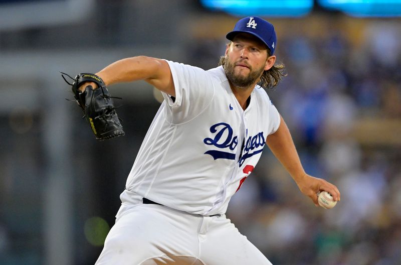 Aug 16, 2023; Los Angeles, California, USA;  Los Angeles Dodgers starting pitcher Clayton Kershaw (22) throws to the plate in the second inning against the Milwaukee Brewers at Dodger Stadium. Mandatory Credit: Jayne Kamin-Oncea-USA TODAY Sports