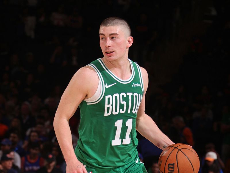NEW YORK, NY - May 10:    Payton Pritchard #11 of the Boston Celtics dribbles the ball during the game against the New York Knicks  during Round 2 Game 3 of the 2025 NBA Playoffs  on May 10, 2025 at Madison Square Garden in New York City, New York.  NOTE TO USER: User expressly acknowledges and agrees that, by downloading and or using this photograph, User is consenting to the terms and conditions of the Getty Images License Agreement. Mandatory Copyright Notice: Copyright 2025 NBAE  (Photo by Nathaniel S. Butler/NBAE via Getty Images)