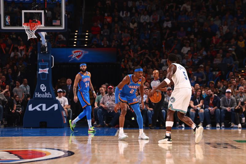 OKLAHOMA CITY, OK - JANUARY 29: Shai Gilgeous-Alexander #2 of the Oklahoma City Thunder plays defense during the game against the Minnesota Timberwolves on January 29, 2024 at Paycom Arena in Oklahoma City, Oklahoma. NOTE TO USER: User expressly acknowledges and agrees that, by downloading and or using this photograph, User is consenting to the terms and conditions of the Getty Images License Agreement. Mandatory Copyright Notice: Copyright 2024 NBAE (Photo by Zach Beeker/NBAE via Getty Images)