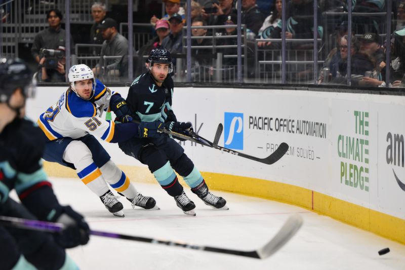 Jan 26, 2024; Seattle, Washington, USA; Seattle Kraken right wing Jordan Eberle (7) passes the puck clear of St. Louis Blues defenseman Matthew Kessel (51) during the second period at Climate Pledge Arena. Mandatory Credit: Steven Bisig-USA TODAY Sports