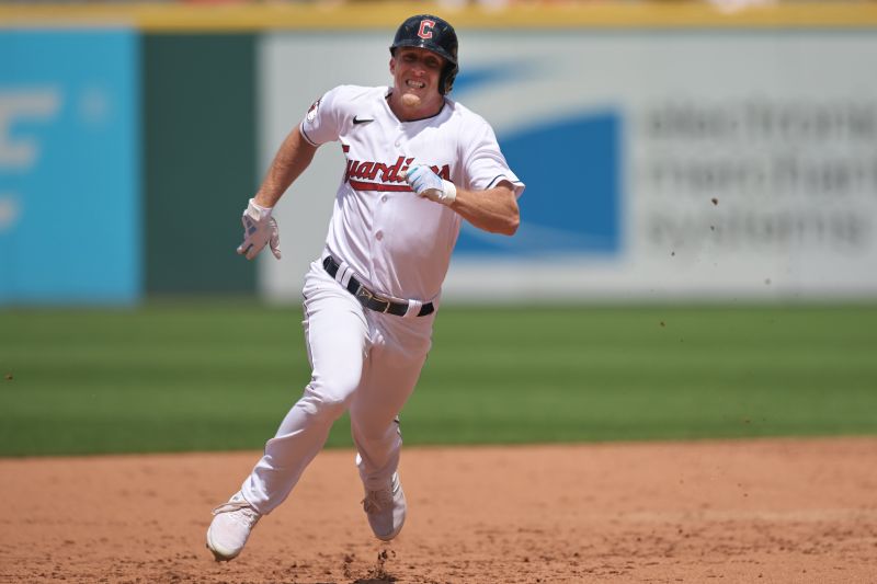 Jun 22, 2023; Cleveland, Ohio, USA; Cleveland Guardians center fielder Myles Straw (7) rounds second base en route to an RBI triple during the fifth inning against the Oakland Athletics at Progressive Field. Mandatory Credit: Ken Blaze-USA TODAY Sports