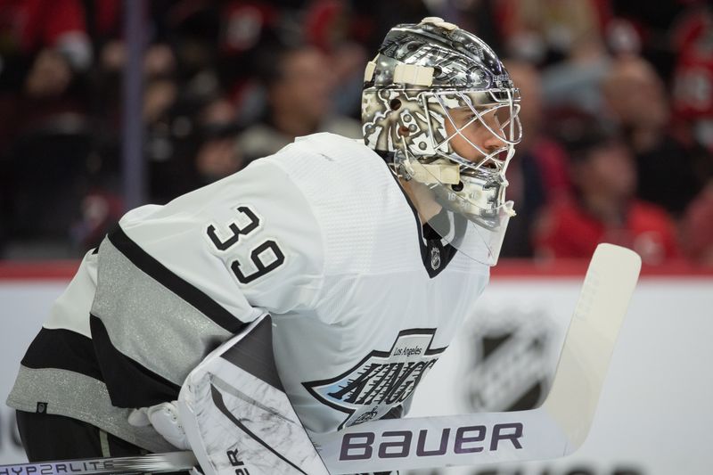 Nov 2, 2023; Ottawa, Ontario, CAN; Los Angeles Kings goalie Cam Talbot (39) looks up the ice prior to the start of game against the Ottawa Senators at the Canadian Tire Centre. Mandatory Credit: Marc DesRosiers-USA TODAY Sports