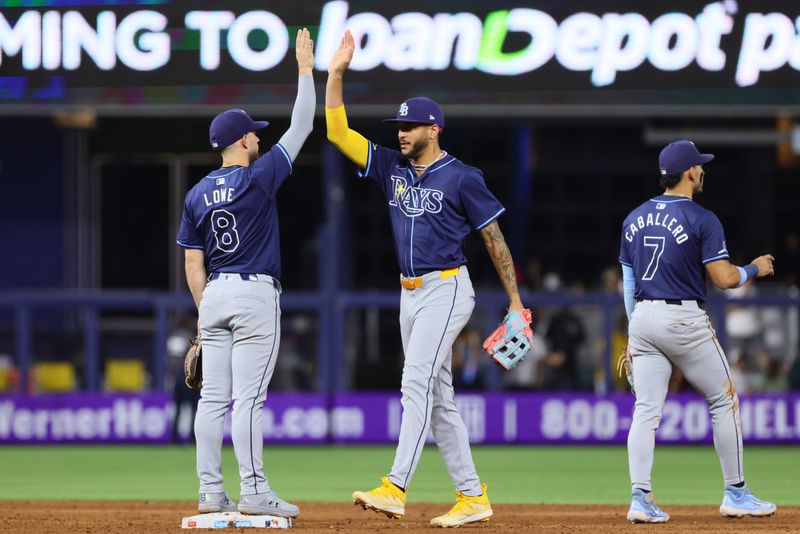 Jun 5, 2024; Miami, Florida, USA; Tampa Bay Rays center fielder Jose Siri (22) celebrates with second baseman Brandon Lowe (8) after the game against the Miami Marlins at loanDepot Park. Mandatory Credit: Sam Navarro-USA TODAY Sports