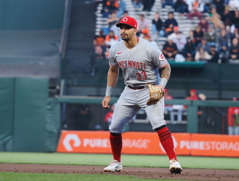 Aug 28, 2023; San Francisco, California, USA; Cincinnati Reds first baseman Christian Encarnacion-Strand (33) in position during the second inning against the San Francisco Giants at Oracle Park. Mandatory Credit: Kelley L Cox-USA TODAY Sports