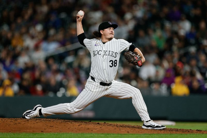 Aug 9, 2024; Denver, Colorado, USA; Colorado Rockies relief pitcher Victor Vodnik (38) pitches in the ninth inning against the Atlanta Braves at Coors Field. Mandatory Credit: Isaiah J. Downing-USA TODAY Sports