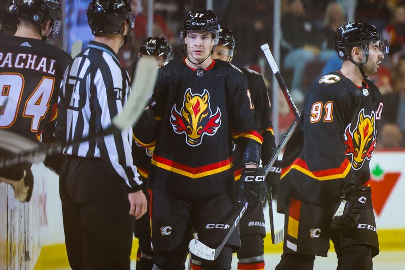 Apr 2, 2024; Calgary, Alberta, CAN; Calgary Flames center Yegor Sharangovich (17) celebrates his goal with teammates against the Anaheim Ducks during the second period at Scotiabank Saddledome. Mandatory Credit: Sergei Belski-USA TODAY Sports