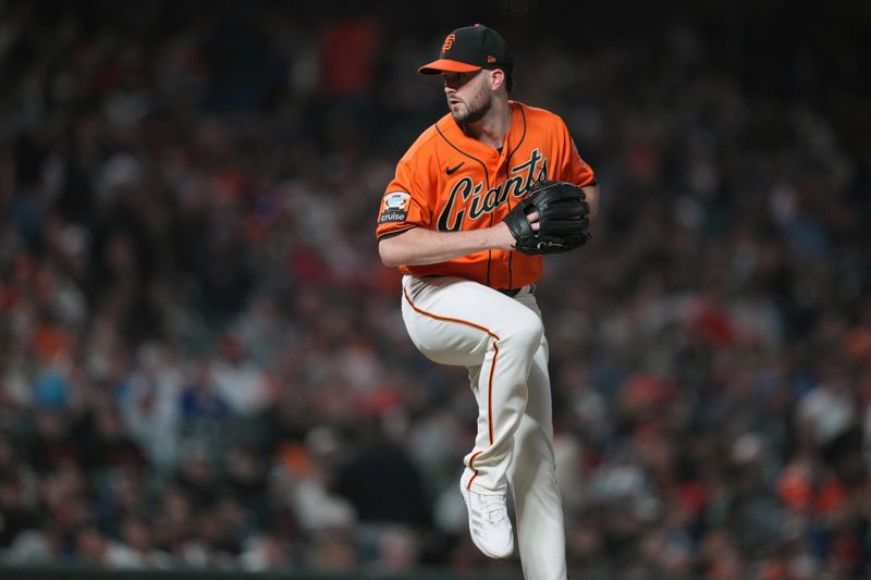 Aug 25, 2023; San Francisco, California, USA; San Francisco Giants starting pitcher Alex Wood (57) throws a pitch against the Atlanta Braves during the seventh inning at Oracle Park. Mandatory Credit: Darren Yamashita-USA TODAY Sports