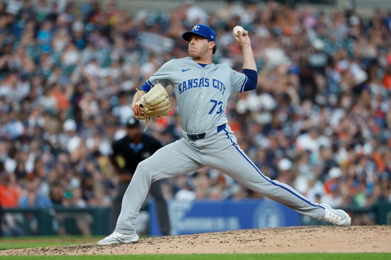 Aug 3, 2024; Detroit, Michigan, USA;  Kansas City Royals pitcher Sam Long (73) pitches in the seventh inning against the Detroit Tigers at Comerica Park. Mandatory Credit: Rick Osentoski-USA TODAY Sports