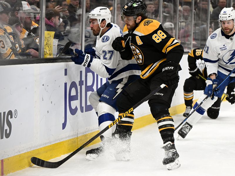 Jan 14, 2025; Boston, Massachusetts, USA; Boston Bruins right wing David Pastrnak (88) checks Tampa Bay Lightning defenseman Ryan McDonagh (27) into the boards during the first period at the TD Garden. Mandatory Credit: Brian Fluharty-Imagn Images